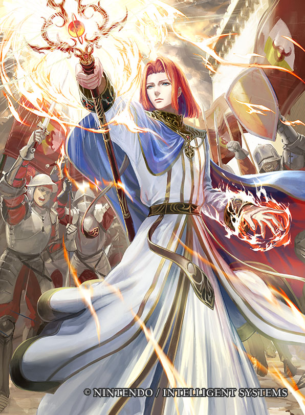 1boy armor belt blue_eyes cape faceless faceless_male fire fire_emblem fire_emblem:_thracia_776 fire_emblem_cipher helmet moyatarou official_art open_mouth redhead saias_(fire_emblem) shield solo staff sword teeth weapon