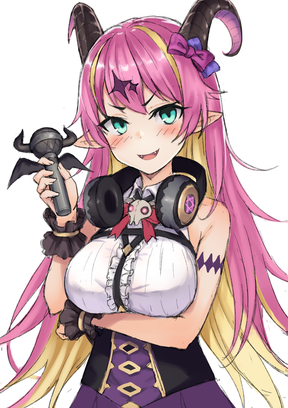 1girl bare_shoulders blonde_hair breasts demon_horns eyebrows_visible_through_hair green_eyes hair_ornament headphones hololive horns long_hair looking_at_viewer mano_aloe multicolored_hair pink_hair pointy_ears ryuinu smile solo two-tone_hair virtual_youtuber