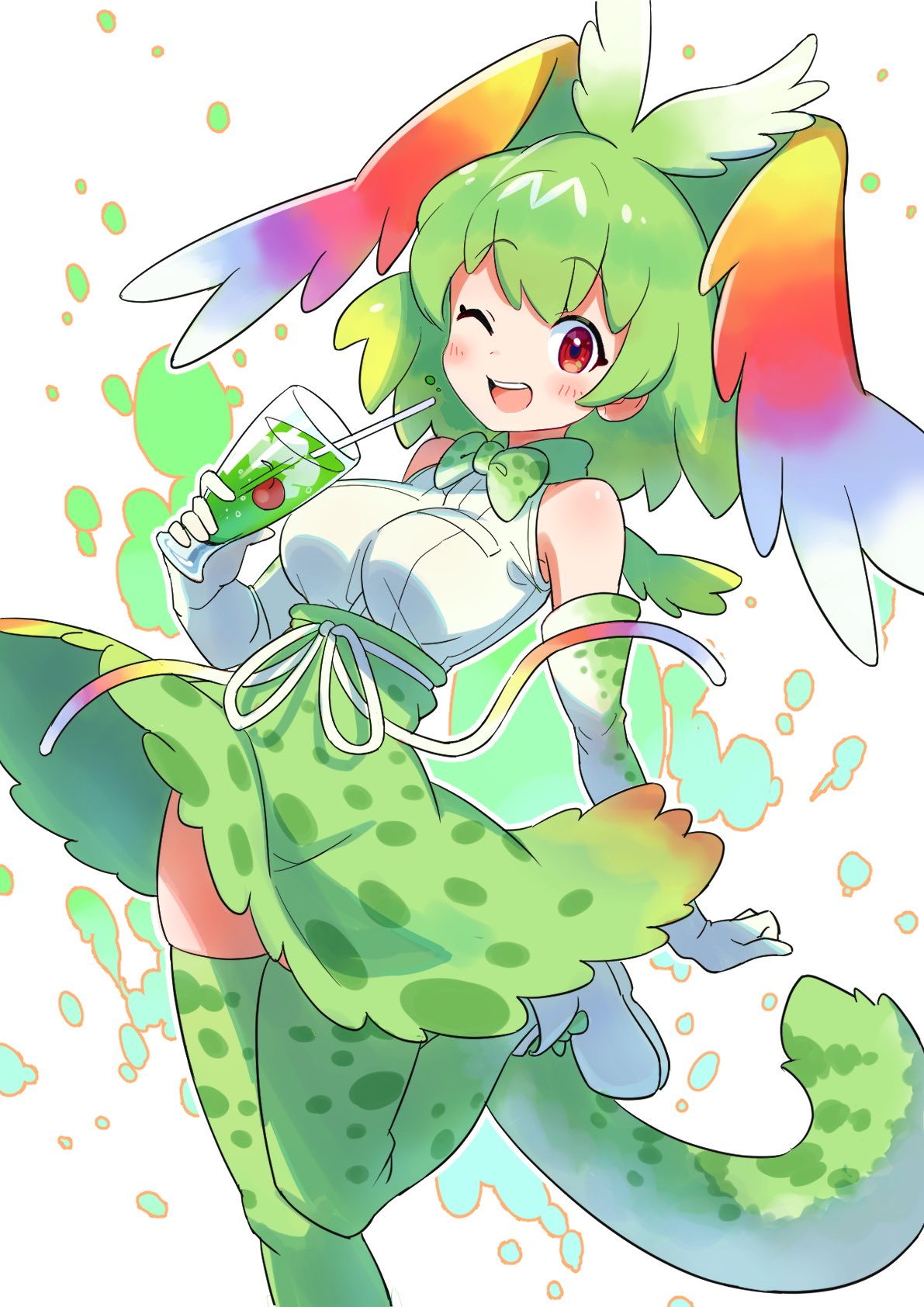 1girl ;d alternate_color animal_ears bangs cerval cherry commentary cup drinking_glass drinking_straw eyebrows_visible_through_hair food fruit gloves green_gloves green_hair green_legwear green_neckwear green_skirt head_wings high-waist_skirt highres holding holding_cup kamuraaa_615 kemono_friends leg_up looking_at_viewer medium_hair one_eye_closed open_mouth print_gloves print_legwear print_neckwear print_skirt rainbow_wings red_eyes serval_(kemono_friends) serval_ears serval_print serval_tail shirt shoes skirt sleeveless sleeveless_shirt smile solo standing standing_on_one_leg tail thigh-highs white_footwear white_shirt