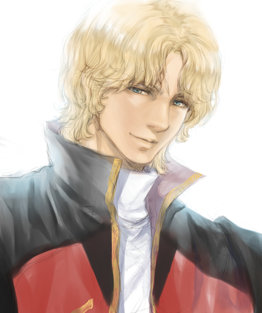 1boy blonde_hair blue_eyes char_aznable close-up gundam light_smile looking_down male_focus military military_uniform quattro_vageena solo takeda_yuuko uniform white_background zeta_gundam