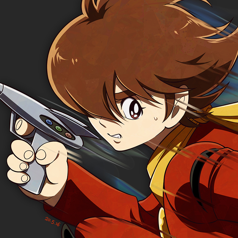 brown_eyes brown_hair cyborg_009 dated grey_background gun hair_over_one_eye holding holding_gun holding_weapon jacket long_sleeves male_focus motion_blur red_jacket shimamura_joe sorges sweatdrop thick_eyebrows upper_body weapon yellow_neckwear