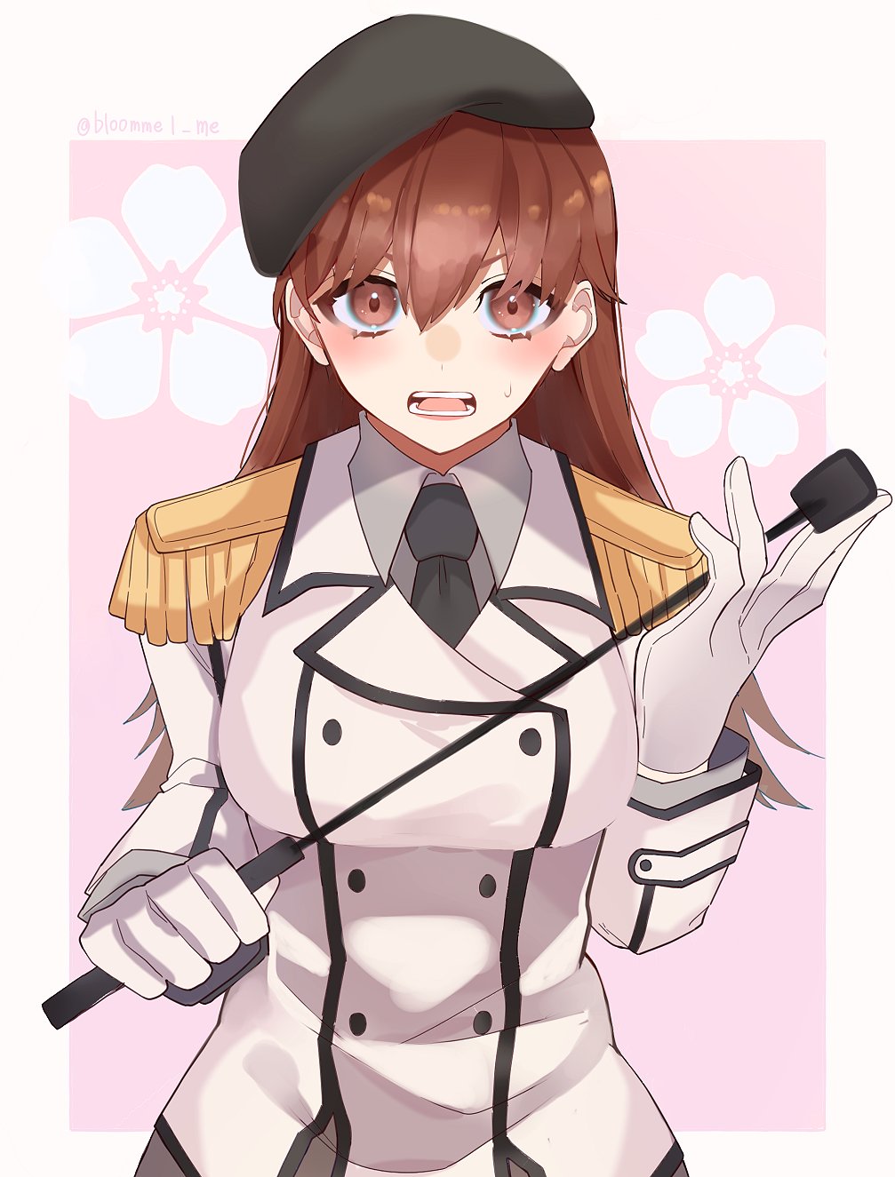 1girl black_neckwear breasts brown_hair collared_shirt cosplay double-breasted epaulettes eyebrows_visible_through_hair gloves grey_shirt hair_between_eyes highres jacket kantai_collection katori_(kantai_collection) katori_(kantai_collection)_(cosplay) kozu_(bloomme1_me) large_breasts long_hair looking_at_viewer necktie ooi_(kantai_collection) open_mouth red_eyes riding_crop shirt simple_background solo twitter_username upper_body white_gloves