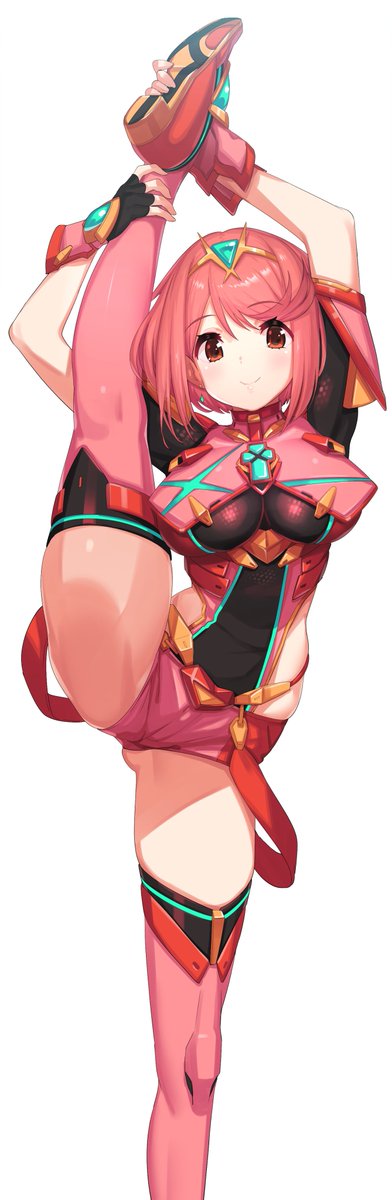 1girl bangs black_gloves breasts chest_jewel earrings fingerless_gloves gloves green322 highres jewelry large_breasts pyra_(xenoblade) red_eyes red_footwear red_legwear red_shorts redhead short_hair short_shorts shorts simple_background solo split standing standing_on_one_leg standing_split swept_bangs thigh-highs tiara white_background xenoblade_chronicles_(series) xenoblade_chronicles_2