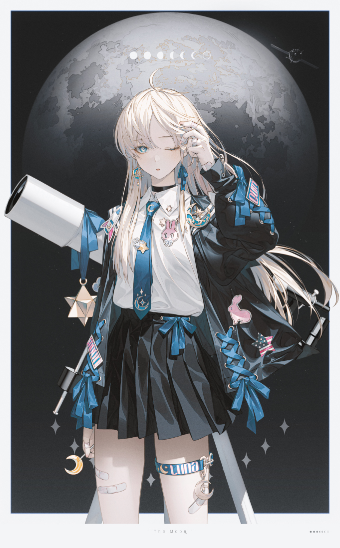 1girl aqua_neckwear black_jacket black_skirt bow bowtie choker crescent jacket long_hair looking_at_viewer moon moon_phases necktie one_eye_closed original pleated_skirt satellite shirt skirt solo star_(symbol) telescope wanke white_shirt