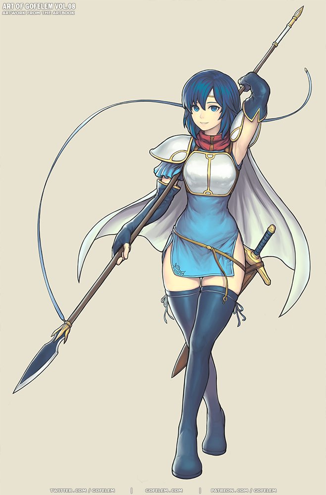 1girl arm_up blue_eyes blue_hair breastplate catria_(fire_emblem) dress elbow_gloves fingerless_gloves fire_emblem fire_emblem:_mystery_of_the_emblem full_body gloves gofelem headband holding polearm scabbard sheath sheathed short_hair solo sword watermark weapon web_address