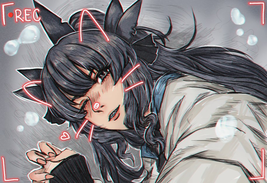 1girl animal_ears artemis_of_the_blue black_eyes black_hair claw_pose close-up english_commentary face_filter fake_animal_ears fake_whiskers heart indie_virtual_youtuber long_hair looking_up nabi_(sothisu) parted_lips ponytail recording sharp_teeth solo teeth virtual_youtuber whiskers