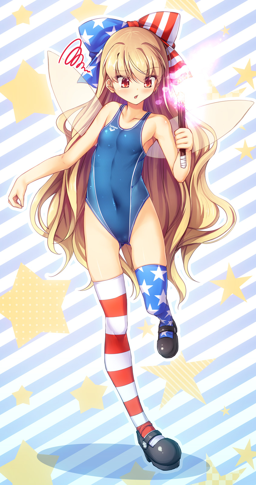 1girl alternate_costume american_flag black_footwear blonde_hair blue_bow blue_swimsuit bow chima_q clownpiece fairy_wings fire full_body hair_bow highres long_hair looking_down red_bow red_eyes shoes solo squiggle standing standing_on_one_leg star_(symbol) star_print striped striped_legwear swimsuit thigh-highs torch touhou transparent_wings very_long_hair wavy_hair wings