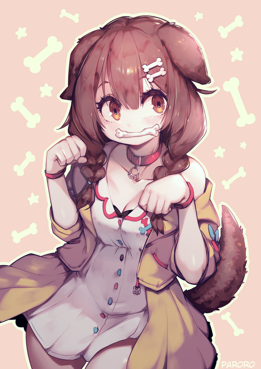 animal_ears bangs blue_bow bone_hair_ornament bow bracelet brown_eyes brown_hair cartoon_bone collar dog_collar dog_ears dog_girl dog_tail dress fangs hair_between_eyes hair_ornament hairclip highres hololive inugami_korone jacket jewelry long_hair low_twin_braids off-shoulder_jacket parororo red_bow short_dress tail virtual_youtuber white_dress wristband yellow_jacket