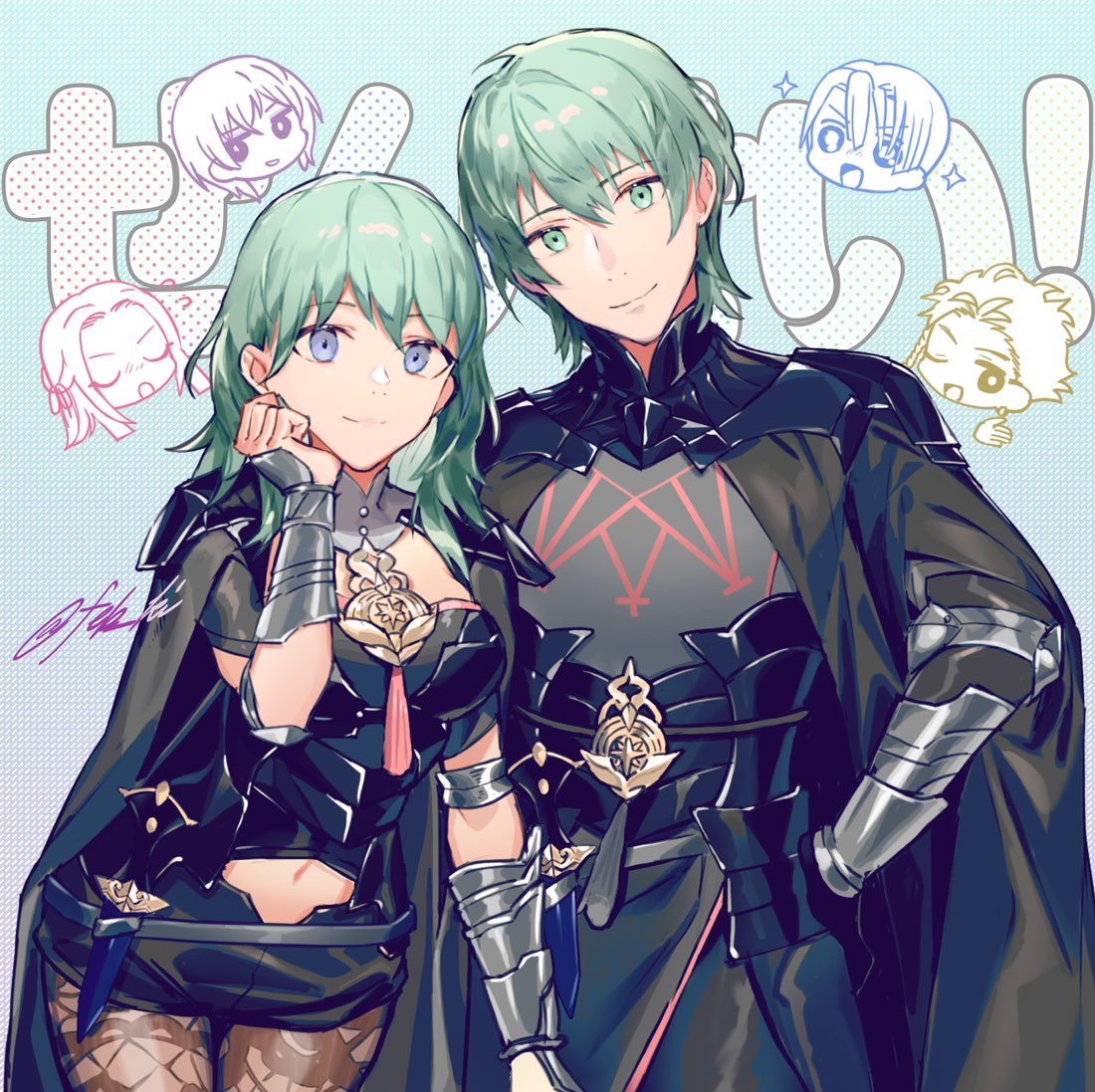 1boy 1girl armor black_shorts byleth_(fire_emblem) byleth_eisner_(female) byleth_eisner_(male) claude_von_riegan closed_mouth clothing_cutout dagger dimitri_alexandre_blaiddyd edelgard_von_hresvelg feb_ki fire_emblem fire_emblem:_three_houses green_eyes green_hair navel_cutout pantyhose sheath sheathed short_shorts shorts smile weapon yuri_(fire_emblem)