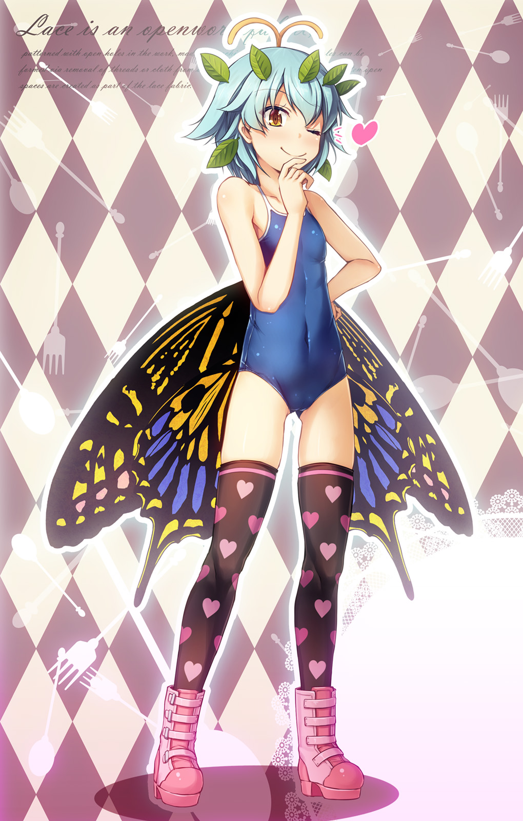 1girl antennae bare_arms bare_shoulders black_legwear black_wings blue_hair blue_swimsuit boots breasts brown_eyes butterfly_wings chima_q eternity_larva full_body heart heart_print highres leaf leaf_on_head one-piece_swimsuit pink_footwear small_breasts solo standing swimsuit thigh-highs touhou wings