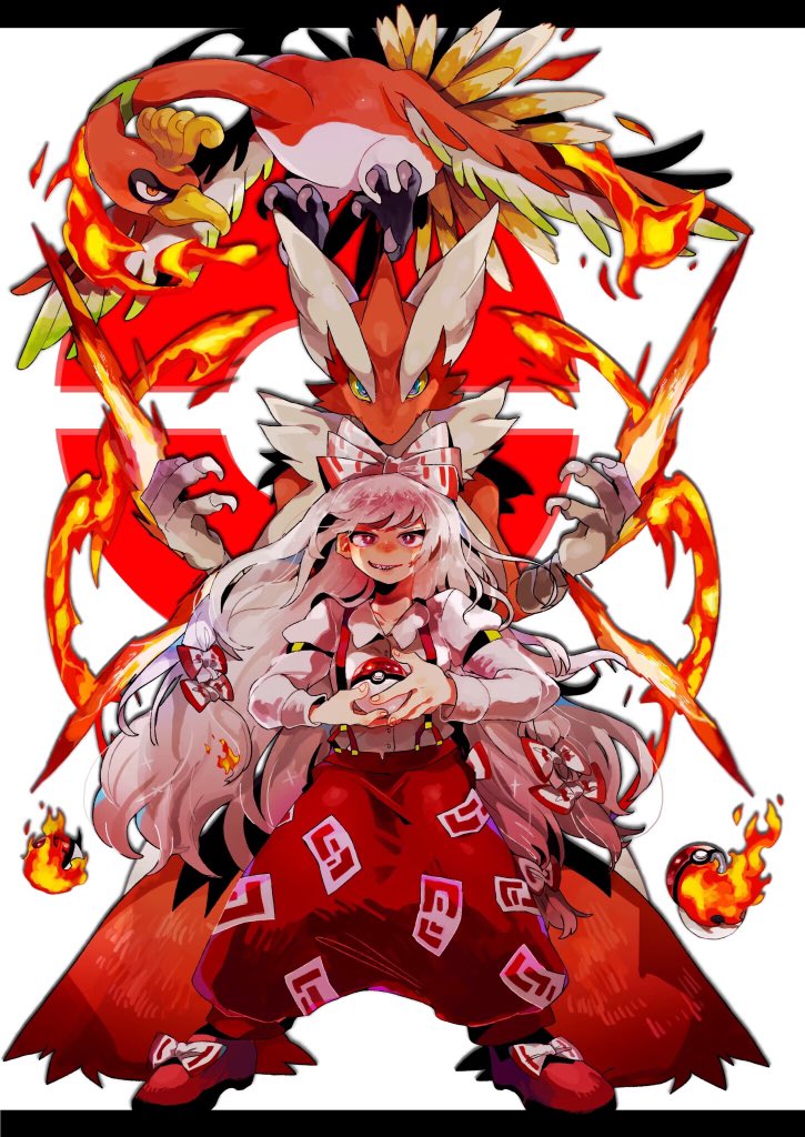 1girl arm_garter baggy_pants bangs blaziken bow collared_shirt commentary crossover damenaito fire fujiwara_no_mokou gen_2_pokemon gen_3_pokemon grin hair_bow ho-oh holding holding_poke_ball legendary_pokemon letterboxed long_hair long_sleeves looking_at_viewer mega_blaziken mega_pokemon ofuda pants poke_ball poke_ball_(basic) poke_ball_symbol pokemon pokemon_(creature) red_eyes red_footwear red_pants redhead sharp_teeth shirt shoe_bow shoes silver_hair smile standing suspenders teeth touhou trait_connection very_long_hair white_bow white_shirt