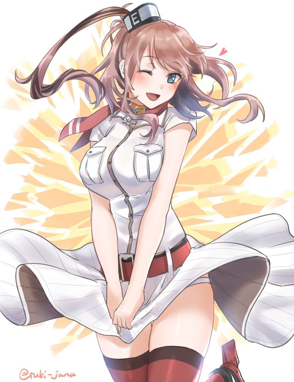 1girl anchor breast_pocket breasts brown_hair cowboy_shot dress grey_eyes hair_between_eyes highres kantai_collection large_breasts looking_at_viewer neckerchief one_eye_closed panties pocket ponytail red_legwear red_neckwear saratoga_(kantai_collection) side_ponytail sidelocks skirt_hold smokestack smokestack_hair_ornament solo the_seven-year_itch thigh-highs tsukimura_(d24f4z8j3t) underwear white_dress white_panties