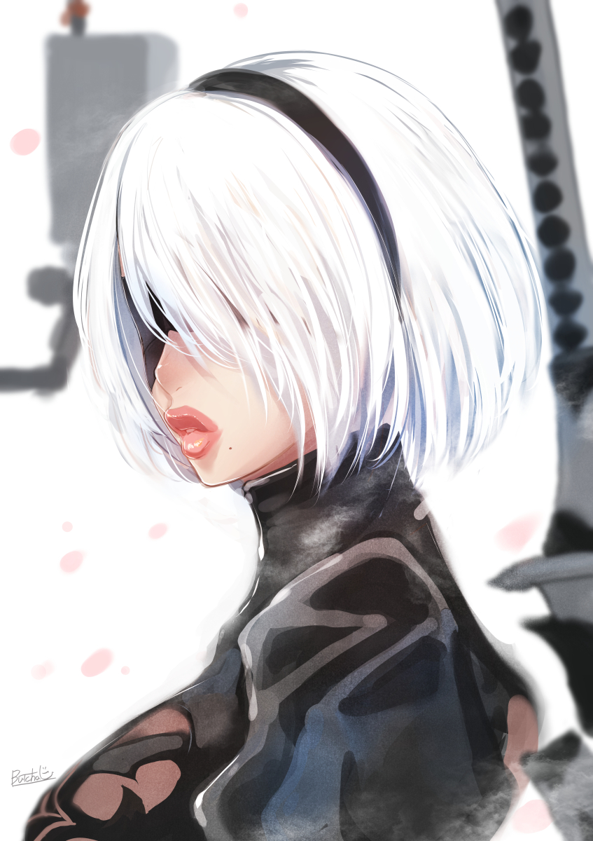 1girl 1other android artist_name asymmetrical_bangs bangs black_dress black_hairband blindfold breasts butcha-u dress hairband highres katana large_breasts lips mole mole_under_mouth nier_(series) nier_automata pod_(nier_automata) robot short_hair signature solo sword thick_lips traditional_media upper_body weapon white_hair yorha_no._2_type_b