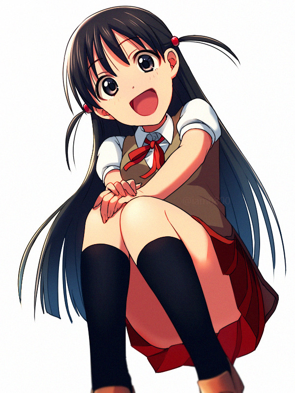 1girl :d bangs black_hair black_legwear blurry brown_vest collared_shirt commentary_request convenient_leg dated_commentary depth_of_field feet_out_of_frame hair_tie happy kneehighs long_hair looking_at_viewer open_mouth pleated_skirt red_neckwear red_ribbon red_skirt ribbon sayshownen school_rumble shirt short_sleeves simple_background sitting skirt smile solo tsukamoto_tenma twitter_username two_side_up very_long_hair vest watermark white_background white_shirt