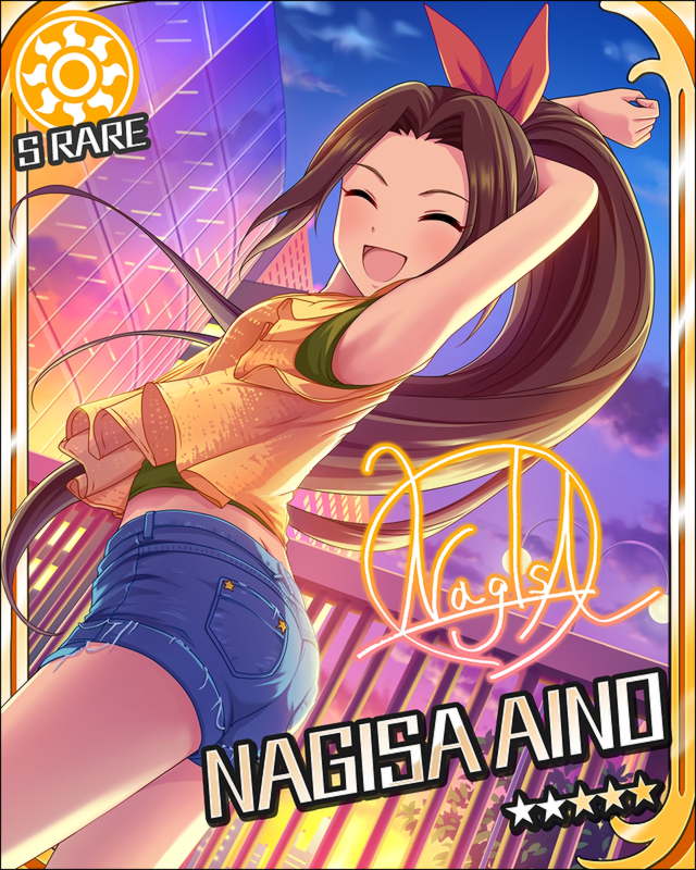 aino_nagisa armpits blush brown_hair character_name closed_eyes idolmaster idolmaster_cinderella_girls long_hair ponytail shirt smile stars