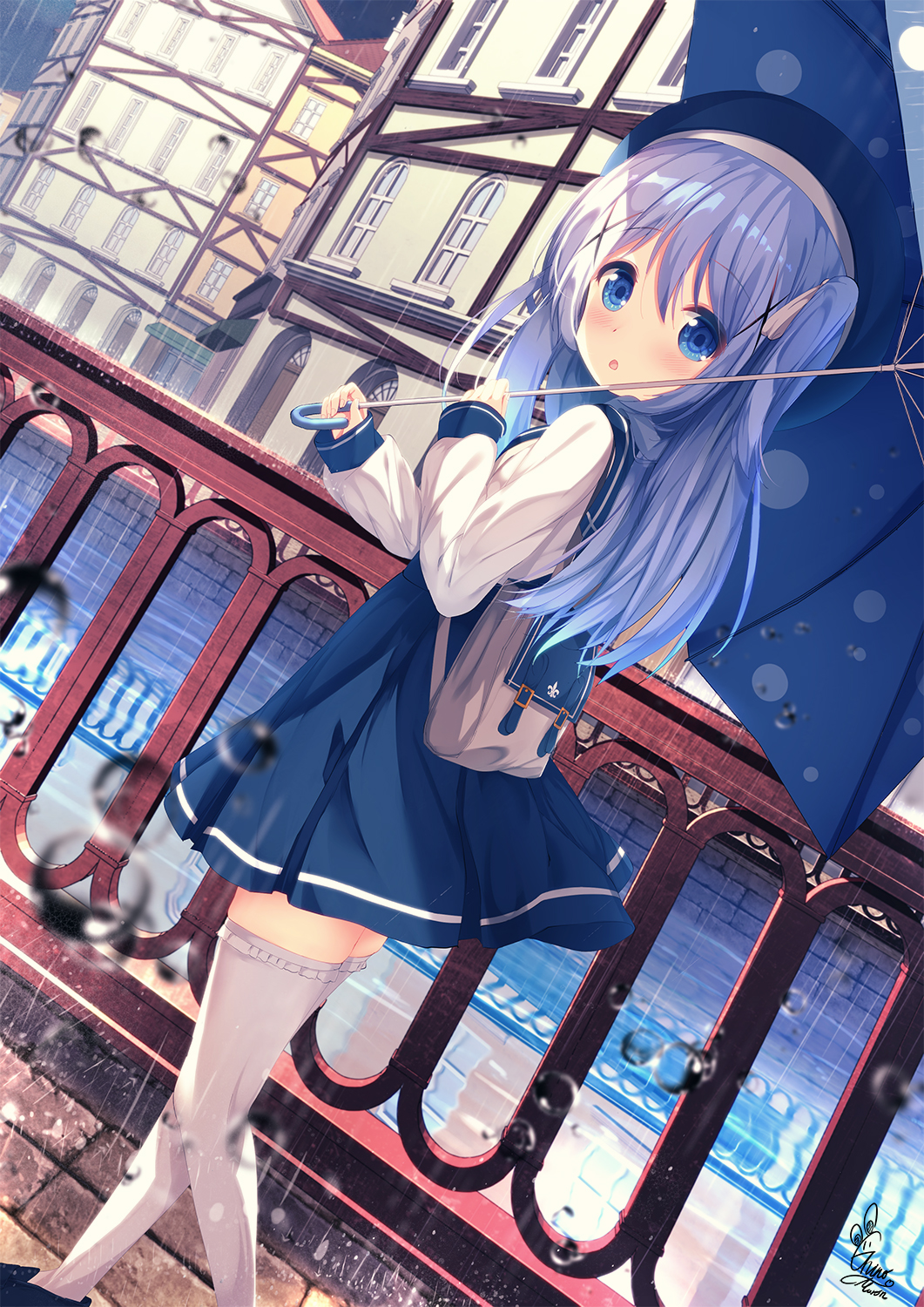 1girl :o backpack bag bangs beret black_footwear blue_dress blue_eyes blue_hair blue_headwear blue_umbrella blurry blurry_foreground blush building chinomaron commentary_request day depth_of_field dress eyebrows_visible_through_hair frilled_legwear from_behind gochuumon_wa_usagi_desu_ka? hair_between_eyes hair_ornament hat highres holding holding_umbrella kafuu_chino long_hair long_sleeves looking_at_viewer looking_back outdoors parted_lips railing rain river shirt shoes sleeveless sleeveless_dress sleeves_past_wrists solo standing thigh-highs two_side_up umbrella very_long_hair walking water water_drop white_legwear white_shirt x_hair_ornament