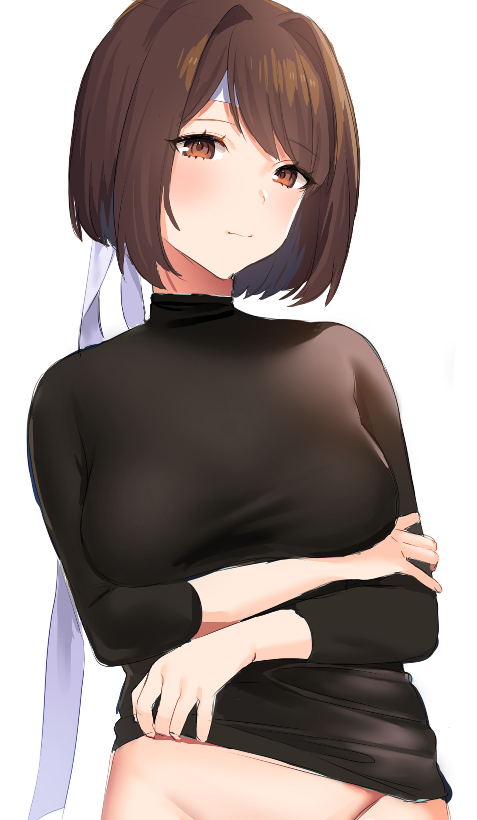 1girl black_sweater brown_eyes brown_hair groin hairband highres hyuuga_(kantai_collection) kantai_collection long_sleeves looking_at_viewer mizuki_eiru_(akagi_kurage) remodel_(kantai_collection) short_hair simple_background solo sweater turtleneck upper_body white_background white_hairband