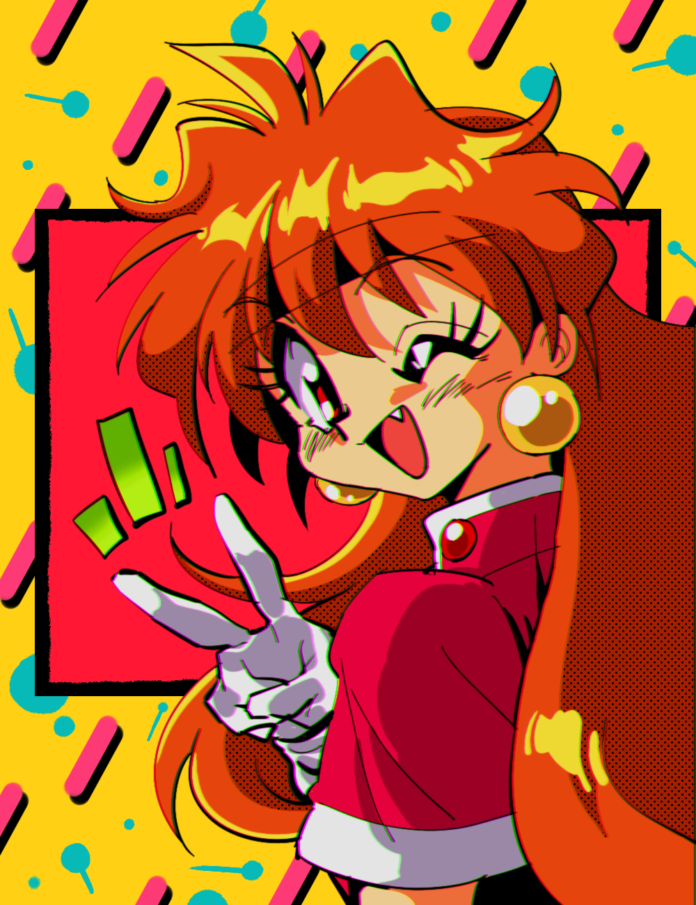 1990s_(style) 1girl commentary fang gloves highres lina_inverse looking_at_viewer one_eye_closed open_mouth orange_eyes orange_hair potiri02 slayers solo v white_gloves