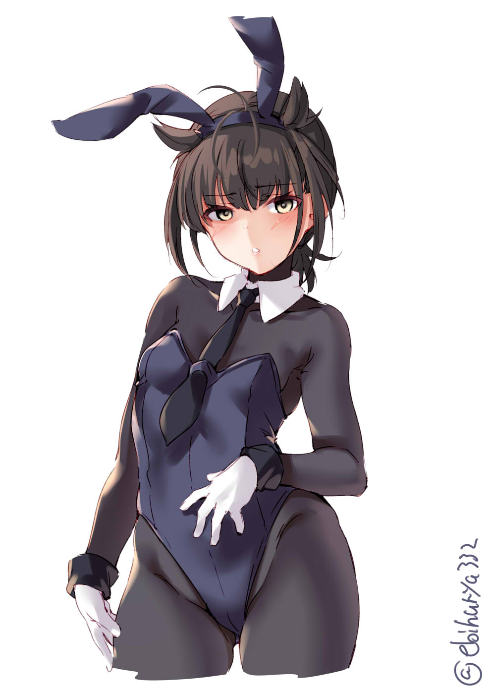 1girl animal_ears bangs black_bodysuit blush bodysuit breasts brown_hair collar collarbone cowboy_shot detached_collar ebifurya fake_animal_ears gloves hair_flaps hatsuzuki_(kantai_collection) highres kantai_collection necktie playboy_bunny rabbit_ears short_hair simple_background solo strapless twitter_username white_background white_gloves wrist_cuffs yellow_eyes