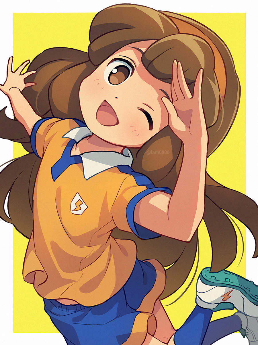 1girl ;d arm_up blue_legwear blue_shorts blush border brown_eyes brown_hair commentary_request highres inazuma_eleven_(series) inazuma_eleven_go inazuma_eleven_go_chrono_stone long_hair looking_at_viewer nanobana_kinako one_eye_closed open_mouth orange_shirt outside_border raimon raimon_soccer_uniform salute sayshownen shirt shoes short_sleeves shorts smile soccer_uniform socks solo sportswear twitter_username watermark white_border white_footwear yellow_background