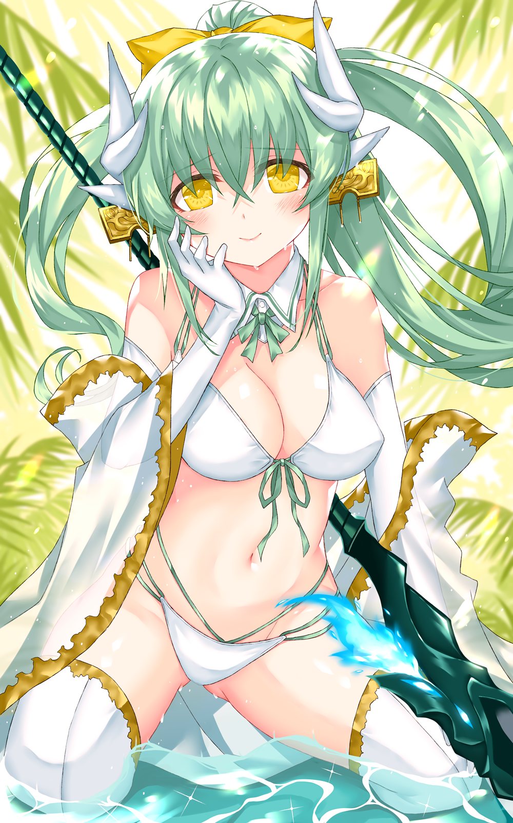 1girl alternate_costume aqua_hair bikini bow breasts detached_collar dragon_girl dragon_horns elbow_gloves fate/grand_order fate_(series) front-tie_bikini front-tie_top gloves gold_trim hair_bow highres horns kiyohime_(fate/grand_order) kiyohime_(swimsuit_lancer)_(fate) large_breasts long_hair morizono_shiki multi-strapped_bikini multiple_horns navel polearm ponytail solo spear swimsuit thigh-highs weapon white_gloves white_legwear yellow_eyes