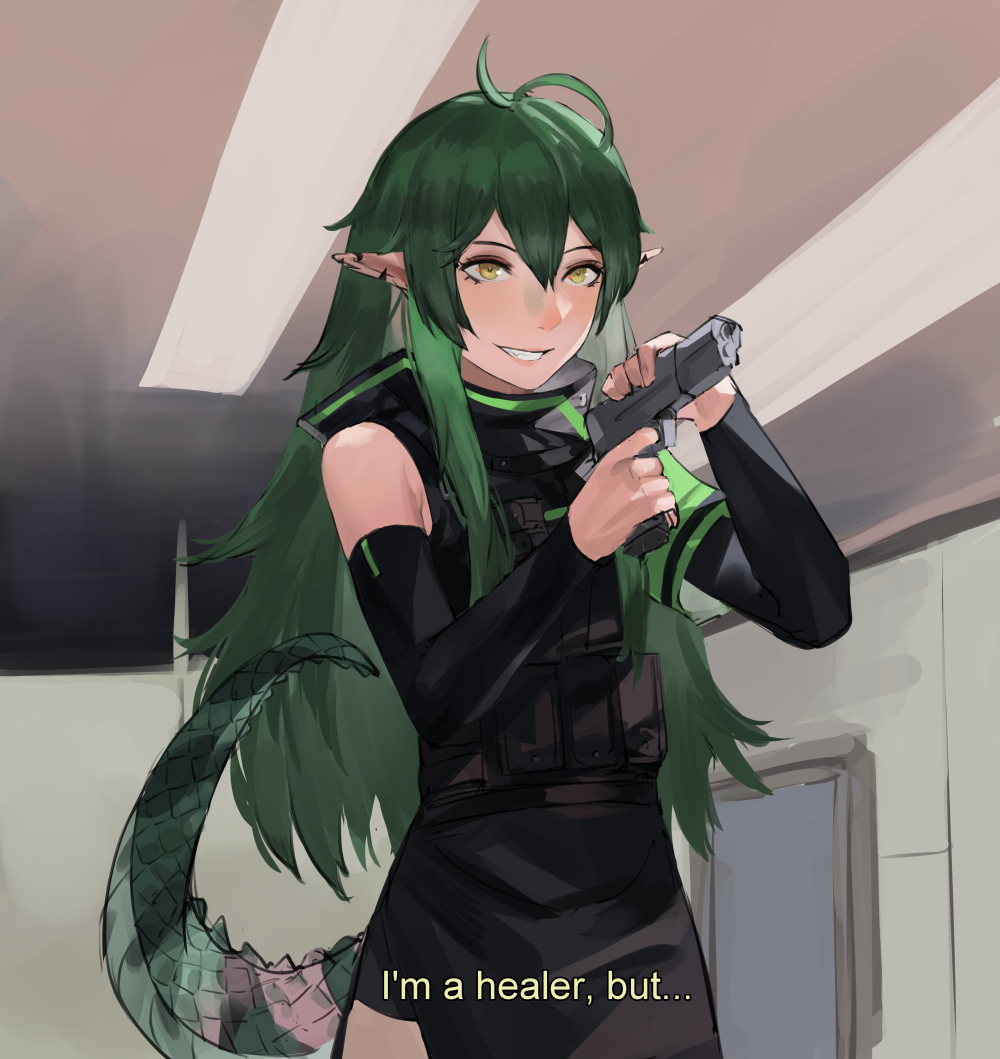 1girl antenna_hair arknights bangs bare_shoulders blazpu commission cowboy_shot crocodilian_tail detached_sleeves english_commentary english_text gavial_(arknights) green_hair grin gun hair_between_eyes handgun hip_vent holding holding_gun holding_weapon indoors long_hair looking_away pistol pointy_ears pouch sidelocks sketch smile solo subtitled swept_bangs tail teeth upper_body weapon yellow_eyes