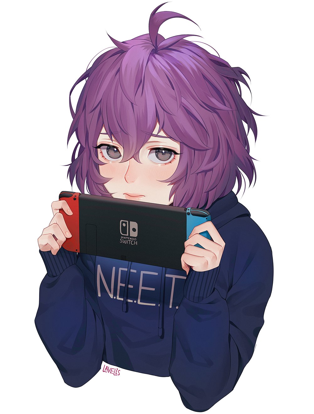 1girl artist_name bernadetta_von_varley contemporary english_commentary fire_emblem fire_emblem:_three_houses grey_eyes handheld_game_console highres holding holding_handheld_game_console hood hoodie lavelis nintendo_switch purple_hair short_hair solo upper_body white_background
