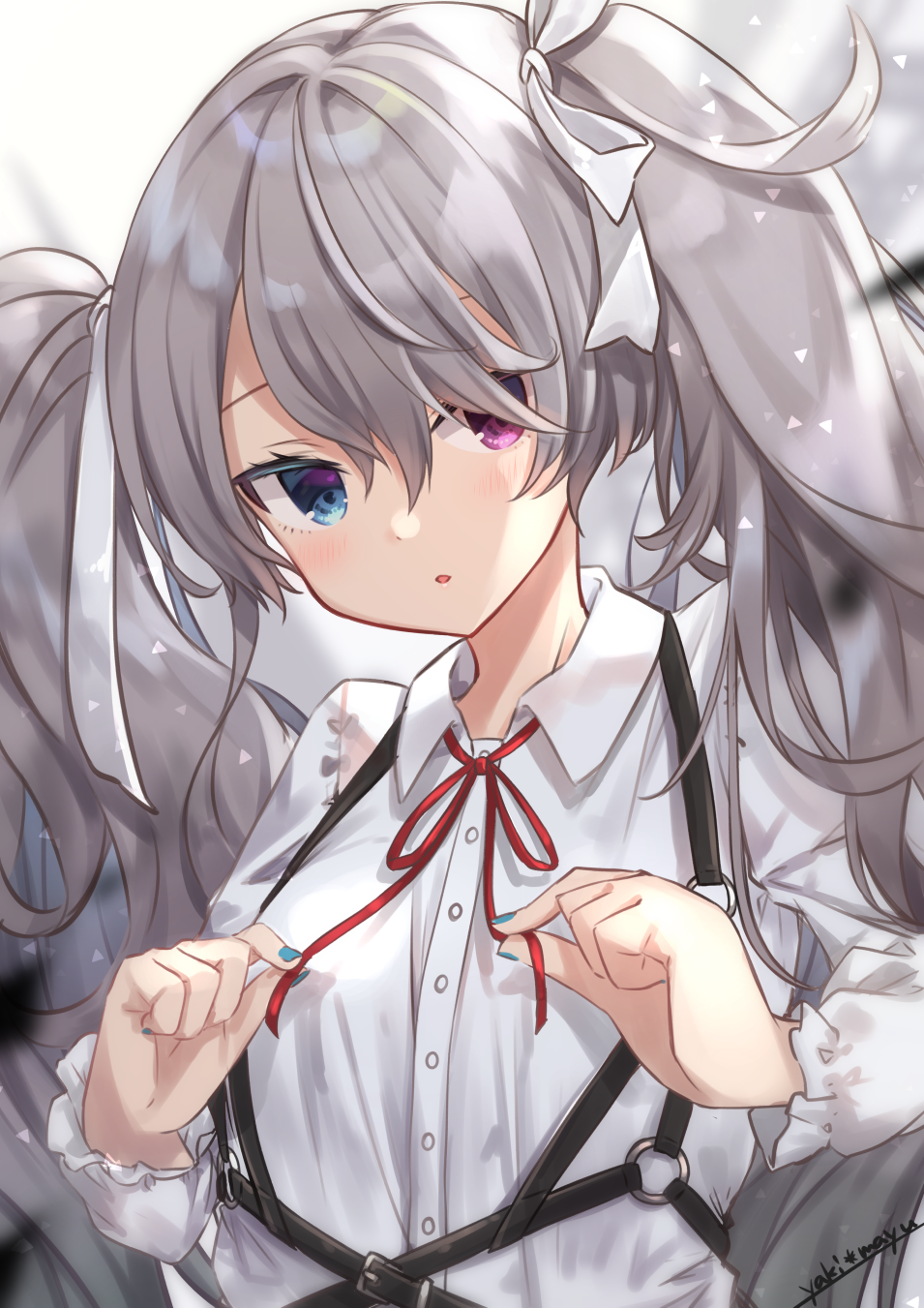 1girl blue_eyes blue_nails buttons collared_shirt hair_between_eyes hair_over_one_eye hair_ribbon hatsune_miku heterochromia highres long_hair long_sleeves looking_at_viewer nail_polish neck_ribbon parted_lips project_sekai ribbon shirt silver_hair solo strap twintails upper_body violet_eyes vocaloid white_shirt yaki_mayu