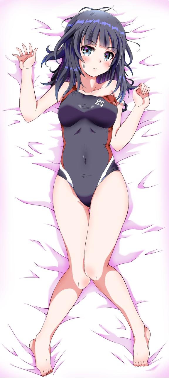 1girl agatsuma_kaede alice_gear_aegis bangs barefoot black_hair black_swimsuit blue_eyes blunt_bangs breasts collarbone commentary_request competition_swimsuit dakimakura eggman_(pixiv28975023) full_body highres long_hair looking_at_viewer lying medium_breasts on_back one-piece_swimsuit solo strap_slip swimsuit