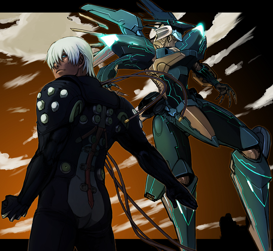 1boy arimi_rio_(baubau) black_bodysuit blue_eyes bodysuit clenched_hand clouds cloudy_sky commentary_request dark_skin dingo_egret glowing hair_over_one_eye jehuty looking_at_viewer male_focus mecha neon_trim orbital_frame outdoors pilot_suit science_fiction sky tube white_hair zone_of_the_enders zone_of_the_enders_2
