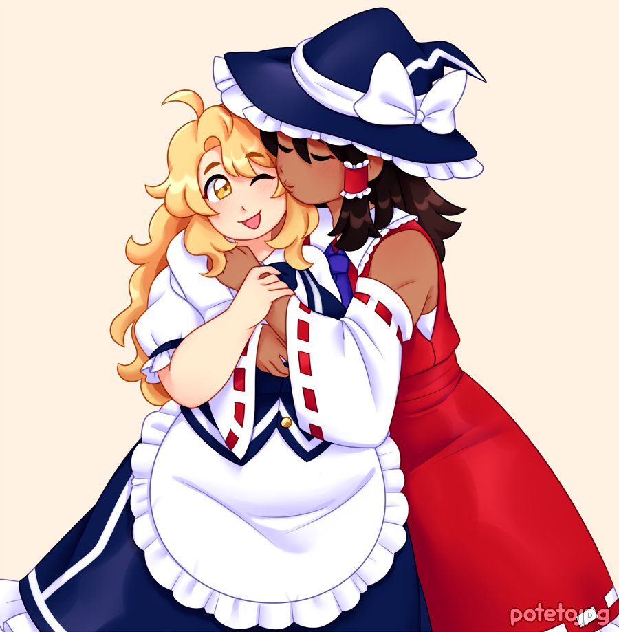 2girls ahoge ascot bare_shoulders blonde_hair blue_neckwear body_blush bow bowtie breasts brown_hair cheek_kiss claud_(potetew) closed_eyes commission commissioner_upload dark_skin detached_sleeves fat hair_tubes hakurei_reimu happy hat hat_theft hug hug_from_behind huge_breasts kirisame_marisa kiss messy_hair multiple_girls muscle muscular_female one_eye_closed open_mouth simple_background skirt skirt_set thick_eyebrows toned touhou vest wavy_hair wide_hips witch_hat wrist_grab yellow_eyes yuri