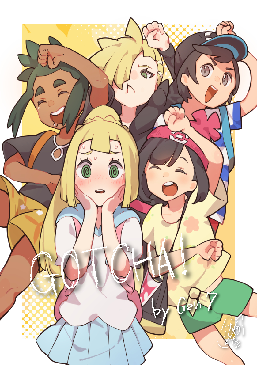 2girls 3boys :t @_@ arm_up backpack bag bangs baseball_cap beanie black_shirt blonde_hair blunt_bangs blush clenched_hand closed_eyes commentary_request copyright_name elio_(pokemon) eyelashes gladion_(pokemon) gotcha! green_eyes green_hair green_shorts hands_on_own_cheeks hands_on_own_face happy hat hau_(pokemon) lillie_(pokemon) long_hair long_sleeves mashiro_kta multiple_boys multiple_girls open_mouth pleated_skirt pokemon pokemon_(game) pokemon_sm ponytail selene_(pokemon) shirt short_sleeves shorts skirt sweat teeth tied_shirt tongue