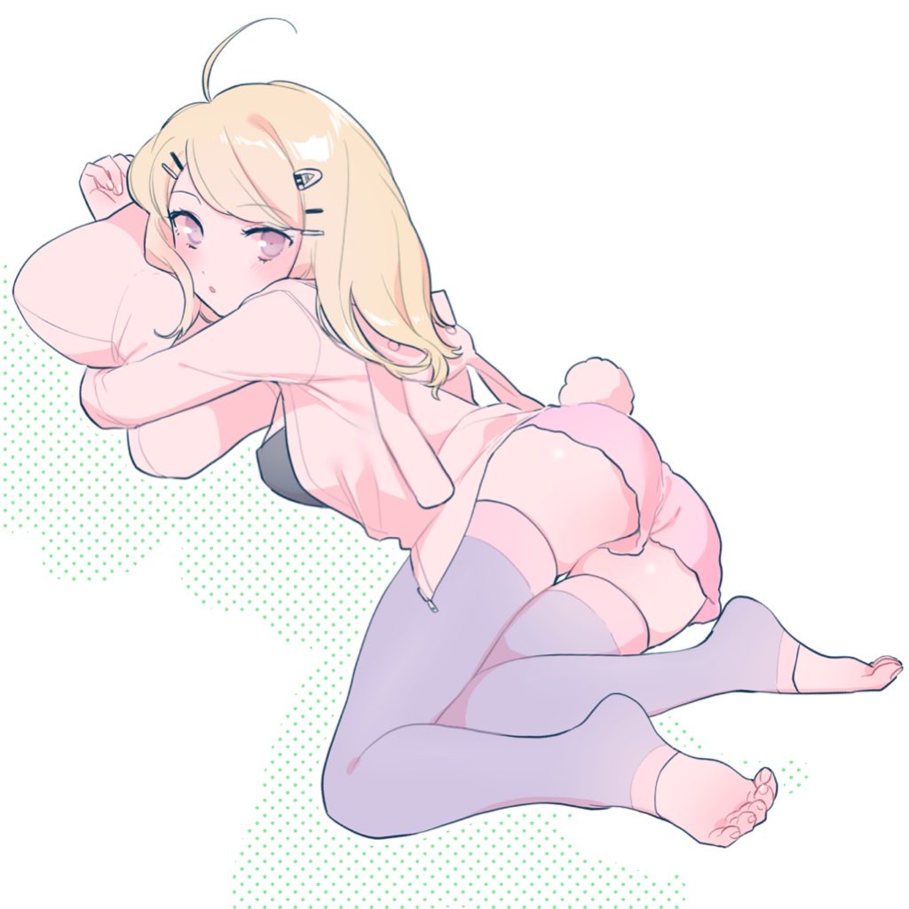 1girl :o ahoge akamatsu_kaede alternate_costume bangs barefoot blonde_hair blush breasts bunny_tail commentary_request dangan_ronpa eyebrows_visible_through_hair fake_tail feet from_side full_body hair_ornament hairclip long_hair long_sleeves looking_at_viewer lying new_dangan_ronpa_v3 open_mouth pillow pink_shorts purple_legwear short_shorts shorts simple_background solo tail thigh-highs thighs violet_eyes white_background zang_li