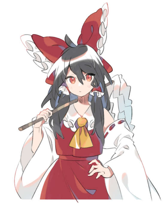 1girl ahoge akagashi_hagane black_hair bow commentary cowboy_shot detached_sleeves frilled_bow frills gohei hair_bow hair_tubes hakurei_reimu hand_on_hip holding long_hair long_sleeves looking_at_viewer over_shoulder red_bow red_eyes red_shirt red_skirt shirt simple_background skirt solo touhou white_background wide_sleeves yellow_neckwear