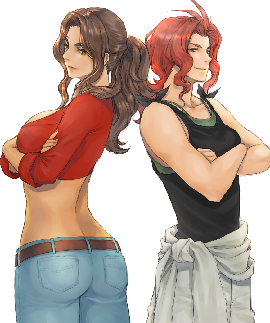 2girls amida_arca back-to-back blue_eyeshadow breasts brown_hair crossed_arms dark_skin eyeshadow gundam gundam_08th_ms_team gundam_tekketsu_no_orphans karen_joshua large_breasts makeup multiple_girls ponytail redhead takeda_yuuko tank_top tied_hair twisted_torso