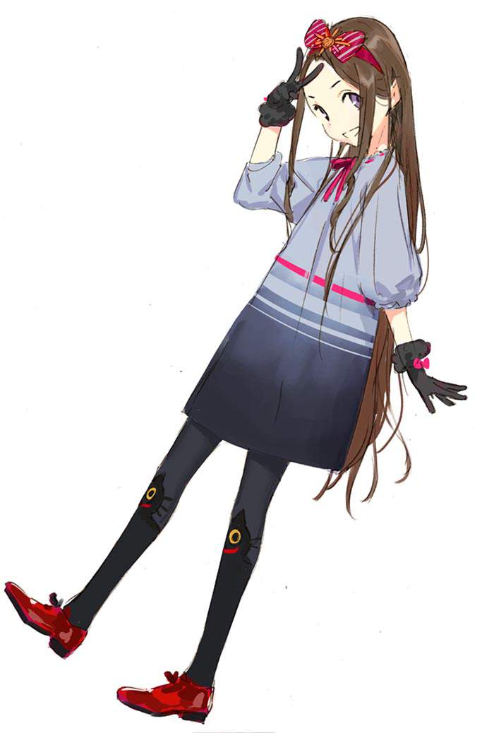 black_legwear bow brown_hair chacha_(fate/grand_order) dress fate/grand_order fate_(series) forehead gloves grin hairband horizontal_stripes long_hair looking_at_viewer pako pantyhose red_footwear shoes simple_background smile standing standing_on_one_leg striped v very_long_hair violet_eyes