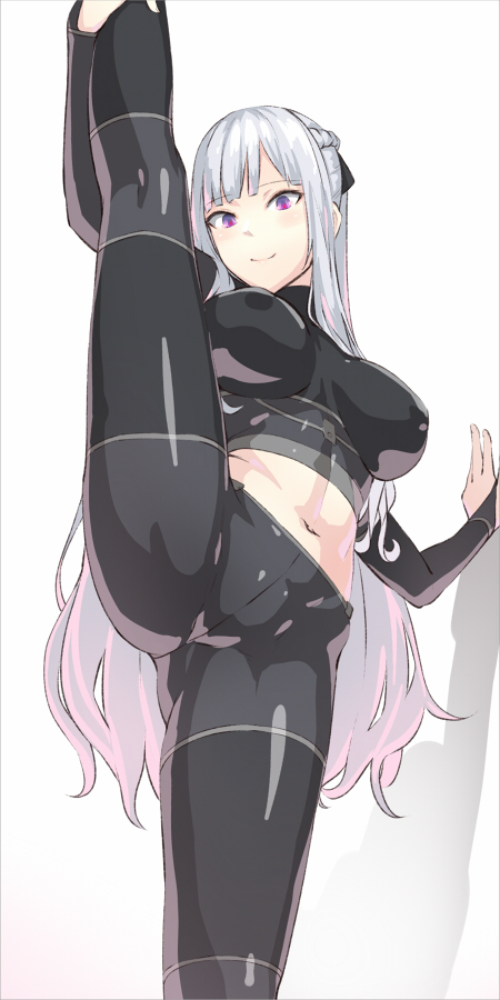 1girl ak-12_(girls_frontline) artificial_eye black_ribbon blush braid breasts breasts_apart covered_nipples girls_frontline groin kageshio_(276006) large_breasts leg_up long_hair mechanical_eye midriff navel ribbon shadow silver_hair simple_background skin_tight smile solo split standing standing_on_one_leg standing_split taut_clothes thighs very_long_hair violet_eyes white_background