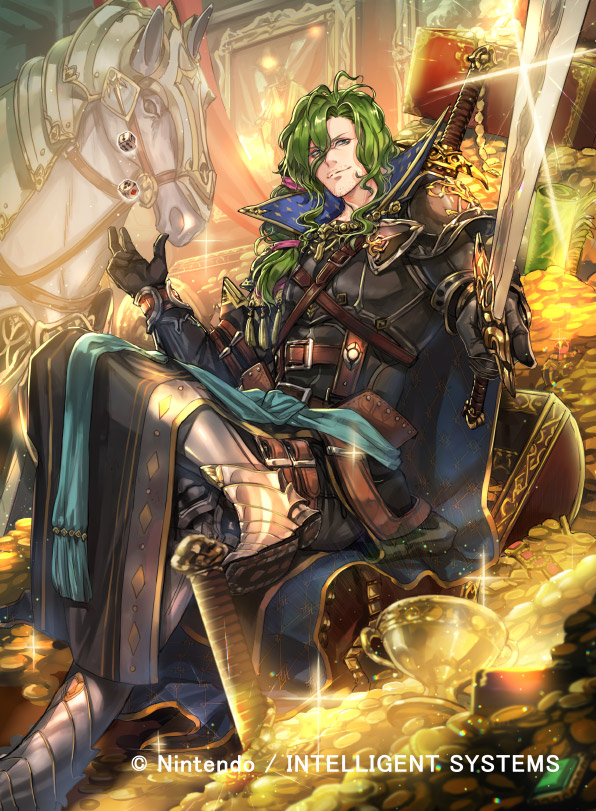 1boy armor armored_boots belt boots cape coin crossed_legs fire_emblem fire_emblem_cipher gem gloves green_eyes green_hair horse kuroba.k lando_(fire_emblem) long_hair low_ponytail official_art sitting solo sparkle sword treasure_chest weapon