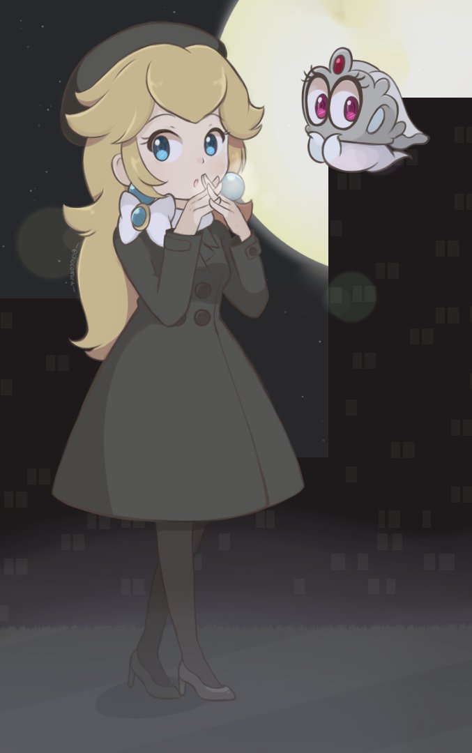 1girl :o bangs beret black_coat black_footwear black_headwear black_legwear blonde_hair blue_eyes breath building chocomiru cityscape coat earrings floating full_body full_moon ghost hat high_heels jewelry long_hair long_sleeves looking_at_viewer super_mario_bros. moon night outdoors own_hands_together pantyhose parted_lips princess_peach sidelocks standing super_mario_odyssey tiara tiara_(mario) veil violet_eyes