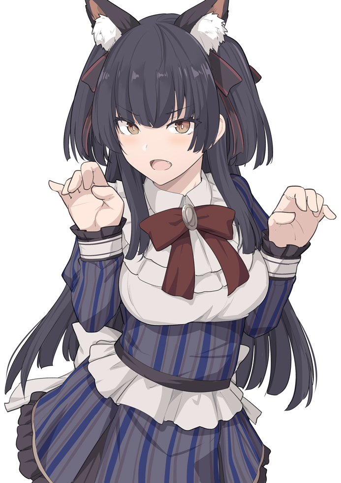 1girl animal_ears bangs black_hair blush breasts brooch brown_eyes cat_ears dress fake_animal_ears grey_dress hair_ribbon idolmaster idolmaster_shiny_colors jewelry long_hair long_sleeves looking_at_viewer mayuzumi_fuyuko medium_breasts open_mouth paw_pose ribbon shiseki_hirame simple_background striped striped_dress two_side_up white_background