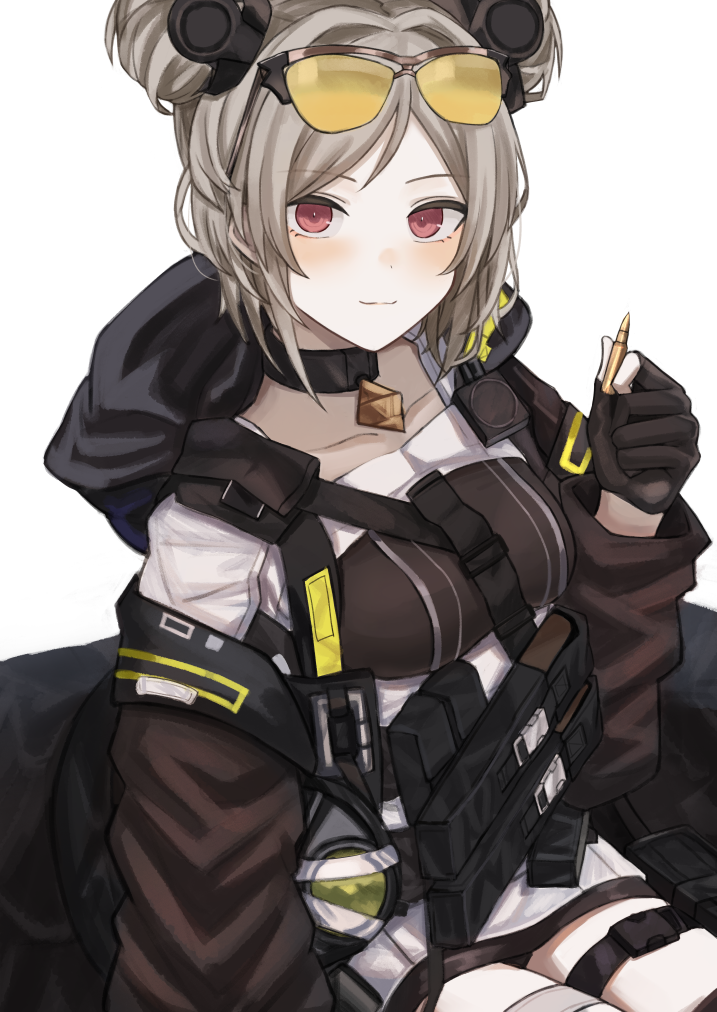 1girl a_iri_a ammunition_belt backpack bag black_shorts breasts bullet choker commentary_request double_bun eyebrows eyebrows_visible_through_hair eyewear_on_head girls_frontline headgear hood hooded_jacket jacket light_brown_hair long_sleeves looking_at_viewer medium_breasts p90_(girls_frontline) partial_commentary pouch red_eyes short_hair short_shorts shorts skeb_commission solo strap sunglasses tactical_clothes thigh_pouch thigh_strap