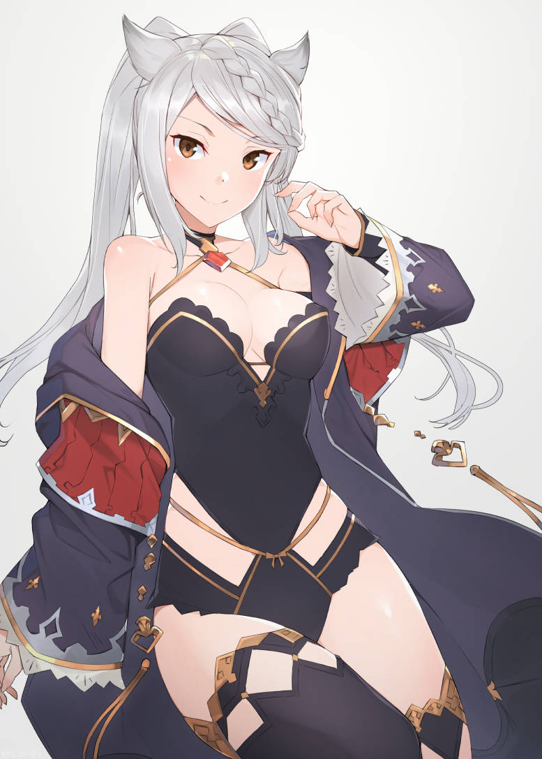 1girl animal_ears bangs black_legwear black_leotard blue_robe braid braided_bangs breasts brown_eyes closed_mouth commentary erune fraux granblue_fantasy grey_background hooded_robe leotard long_hair long_sleeves looking_at_viewer medium_breasts off_shoulder open_clothes open_robe raitho104 robe silver_hair simple_background smile solo standing swept_bangs thigh-highs twintails