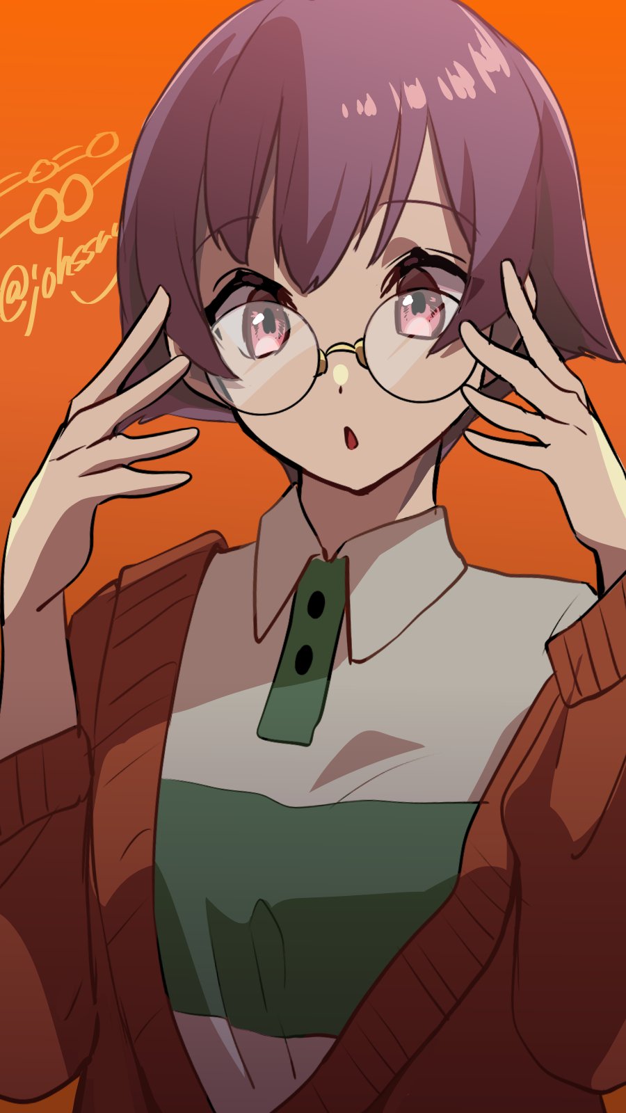1girl alternate_costume bespectacled cardigan commentary_request glasses highres johssnny kantai_collection orange_background purple_hair red_cardigan sakawa_(kantai_collection) shirt short_hair simple_background solo striped striped_shirt upper_body violet_eyes white_shirt