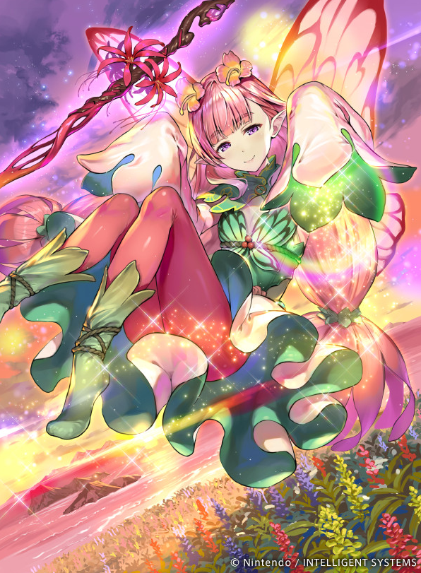 1girl boots fairy fairy_wings fire_emblem fire_emblem_cipher fire_emblem_heroes flower hair_flower hair_ornament hmk84 leaf long_hair low_twintails mirabilis_(fire_emblem) official_art pink_hair pointy_ears solo sparkle sword twintails violet_eyes water weapon wings