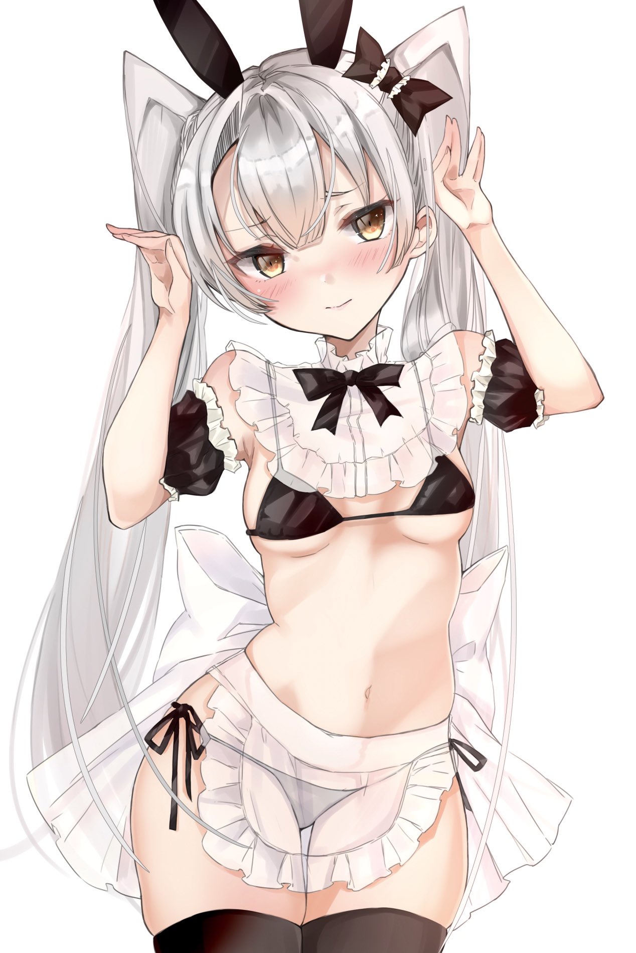 1girl alternate_costume alternate_hairstyle amatsukaze_(kantai_collection) animal_ears apron bangs bikini black_bikini black_legwear blush bow breasts bunny_pose chigasaki_y frills hair_bow highres kantai_collection long_hair medium_breasts rabbit_ears see-through side-tie_bikini silver_hair simple_background smile solo swimsuit thigh-highs twintails white_apron white_background yellow_eyes