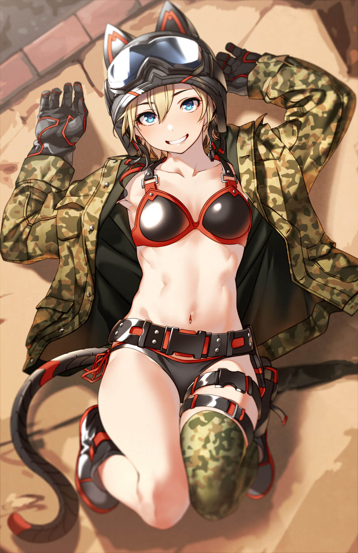 1girl animal_hat belt black_footwear black_gloves blonde_hair blue_eyes breasts camouflage camouflage_jacket camouflage_legwear cat_hat cat_tail from_above gloves goggles goggles_on_head hair_between_eyes hat highres kakaobataa lying midriff navel on_back original second-party_source single_thighhigh small_breasts smile tail thigh-highs thigh_strap