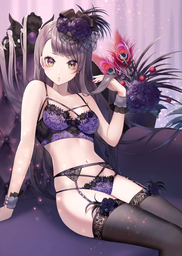 1girl arm_support bare_arms bare_shoulders black_hair black_legwear bra breasts collarbone commentary_request garter_belt hand_up lingerie long_hair looking_at_viewer medium_breasts momoshiki_tsubaki navel original panties parted_lips purple_bra purple_panties sitting solo stomach string_bra string_panties thigh-highs thighs underwear underwear_only wrist_cuffs yellow_eyes