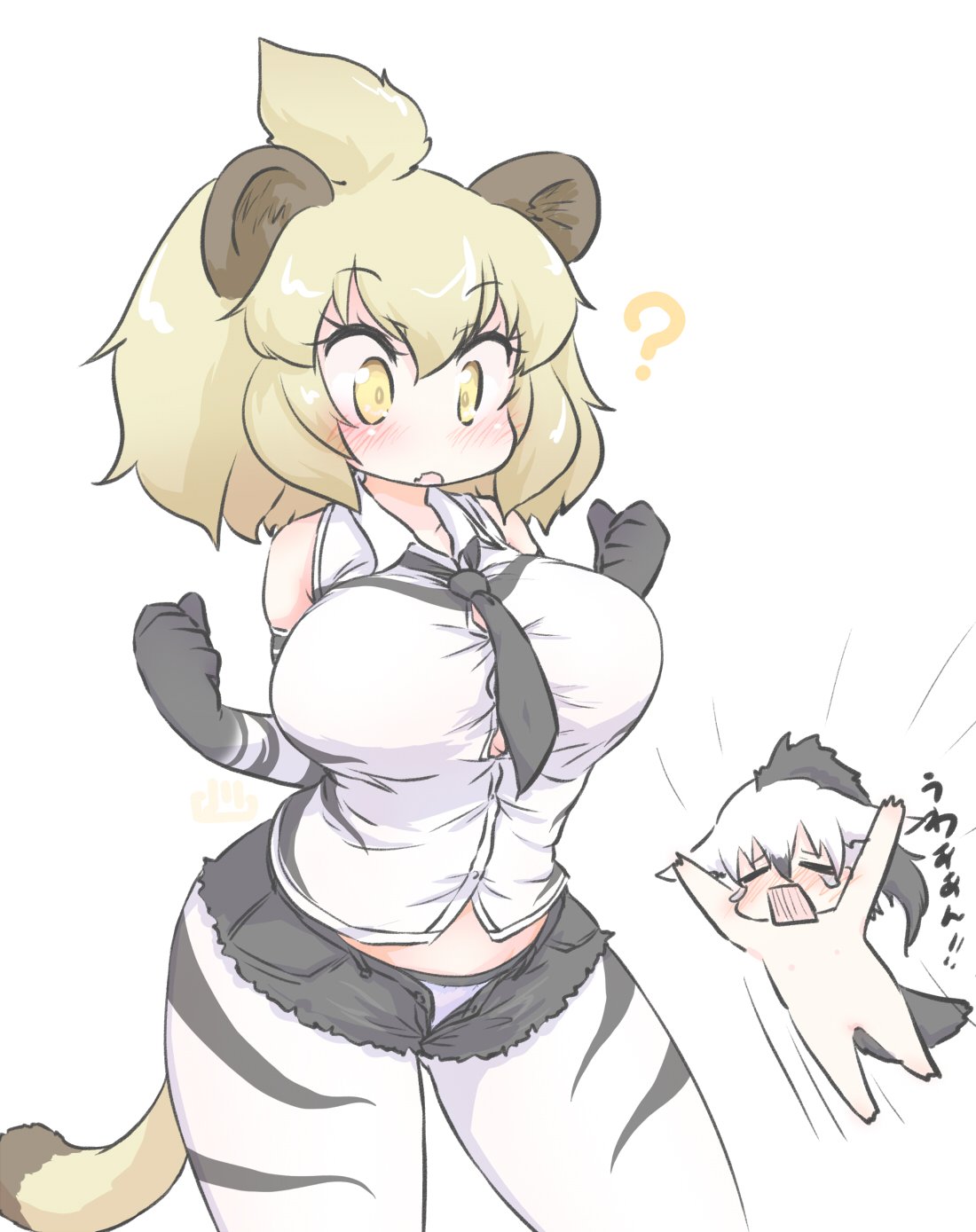 2girls ? aardwolf_(kemono_friends) aardwolf_(kemono_friends)_(cosplay) aardwolf_ears aardwolf_print aardwolf_tail animal_ears bare_shoulders big_hair black_hair black_neckwear black_shorts blonde_hair blush breasts buttons cat_girl chibi closed_eyes commentary_request cosplay cutoffs elbow_gloves eyebrows_visible_through_hair facing_another fang gloves hair_between_eyes hands_up highres jumping kemono_friends large_breasts legwear_under_shorts lion_(kemono_friends) lion_ears lion_girl lion_tail looking_down midriff_peek motion_lines multicolored_hair multiple_girls necktie nose_blush nude open_clothes open_fly open_mouth open_shorts pantyhose print_gloves print_legwear print_shirt shirt short_shorts shorts sleeveless sleeveless_shirt stomach tail tearing_up two-tone_hair uho_(uhoyoshi-o) unbuttoned undersized_clothes unhappy white_hair wing_collar yellow_eyes