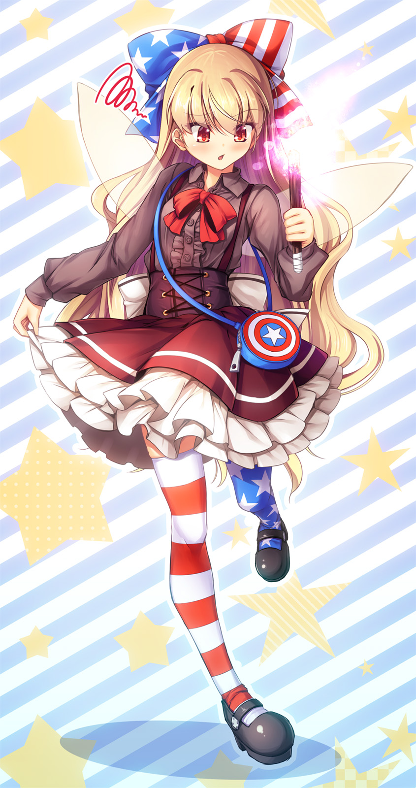 1girl alternate_costume asymmetrical_legwear bag black_footwear blonde_hair blue_bow bow brown_shirt brown_skirt chima_q clownpiece commentary contemporary fairy_wings fire flag_print full_body hair_bow highres holding long_hair long_sleeves looking_down red_bow red_eyes red_neckwear shirt shoes shoulder_bag skirt solo squiggle standing standing_on_one_leg star_(symbol) star_print striped striped_background striped_legwear thigh-highs torch touhou transparent_wings wings