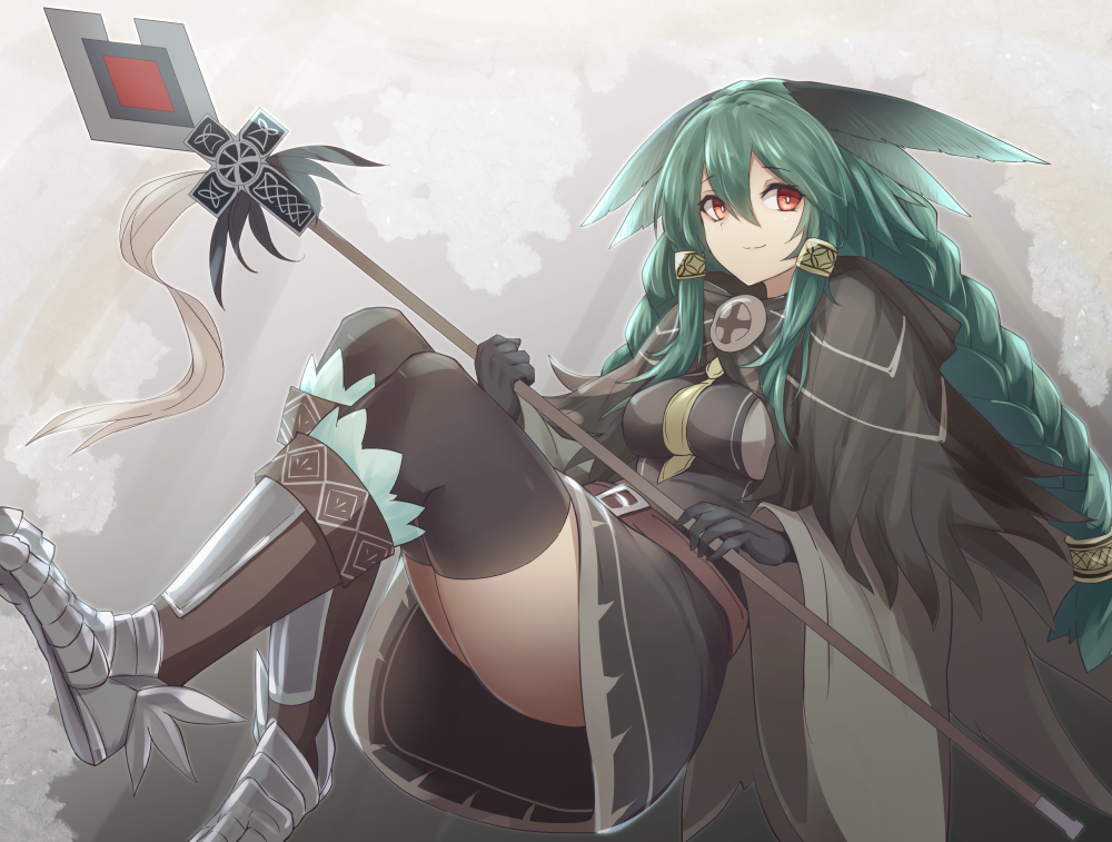 1girl armored_boots ass belt_buckle black_legwear boots braid breasts bright_pupils buckle dress feathers green_hair holding holding_lance holding_polearm holding_weapon impossible_clothes impossible_dress lance large_breasts long_hair looking_at_viewer original polearm red_eyes sidelocks solo thigh-highs thighs very_long_hair weapon white_pupils yonaga